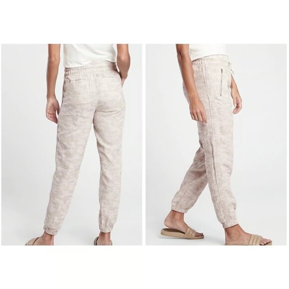 NWOT Athleta Cabo Linen Jogger Pants in Natural Camo Beige Tan - Size 6 Petite - Picture 1 of 6
